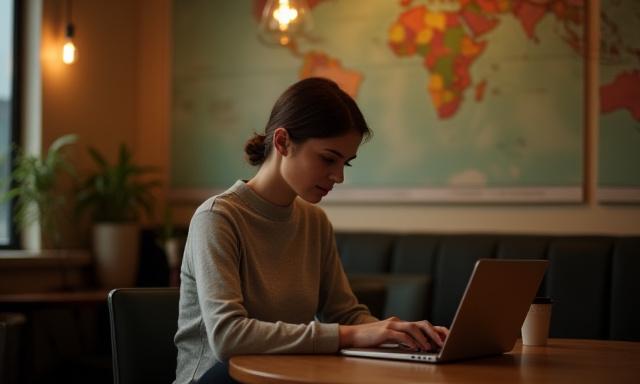 Eine Person arbeitet an einem Laptop in einer gemütlichen Ecke des Cafés.