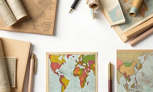 Eine Auswahl an gerollten Landkarten und thematisch passenden Notizbüchern.