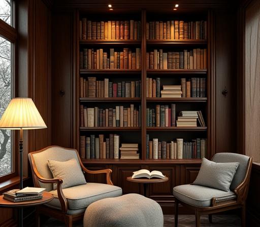 Ein einladendes Buchregal, gefüllt mit Reiseliteratur, Atlanten und Büchern über Kartographie, in einer gemütlichen Leseecke.