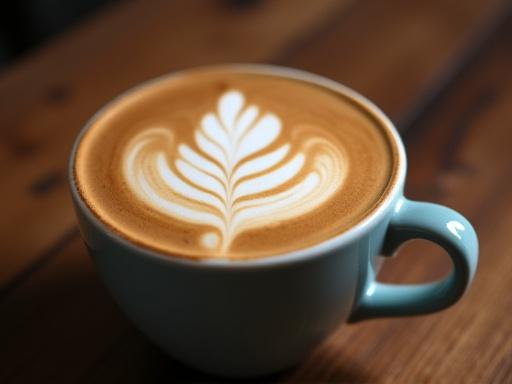 Nahaufnahme einer kunstvollen Latte Art in einer Tasse Cappuccino auf einem rustikalen Holztisch.