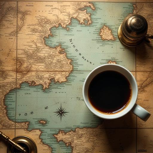 Nahaufnahme einer historischen Seekarte, die auf einem Tisch ausgebreitet ist, mit einer Tasse Kaffee daneben.